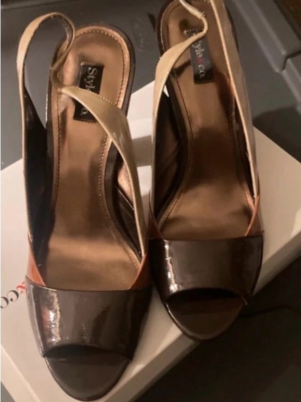 Karma Colorblock Slingback Peep-Toe Heels in Brown and Tan - Picture 2 of 8